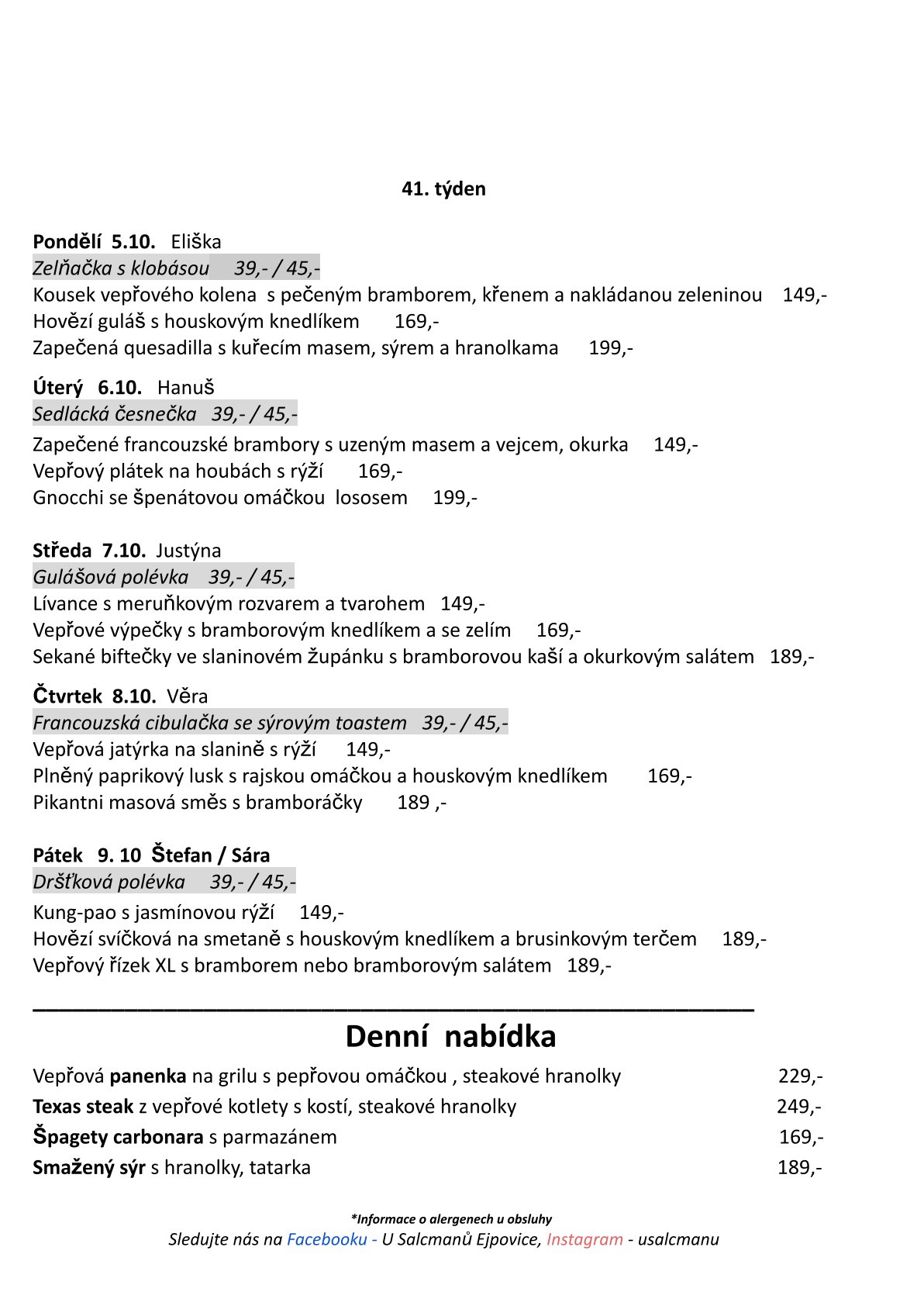 Jídelní lístek s týdenní nabídkou jídel, daty 29.9.–2.10. a cenami v Kč.